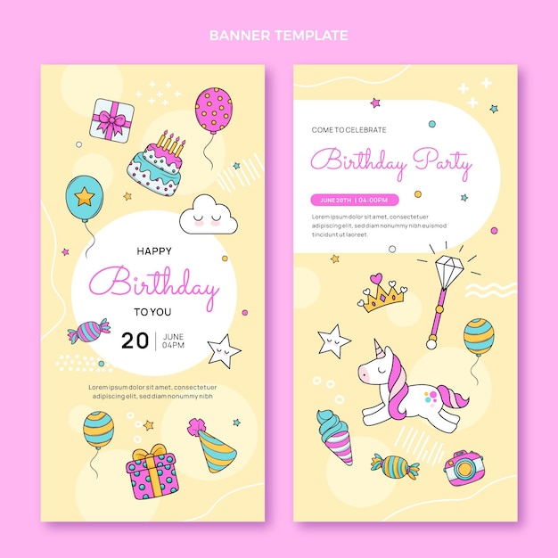 Hand drawn childlike birthday vertical banners