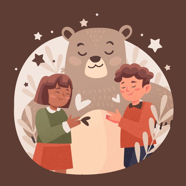 Hand drawn children with animals illustration