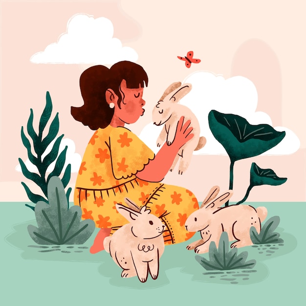 Free Vector hand drawn children with animals illustration