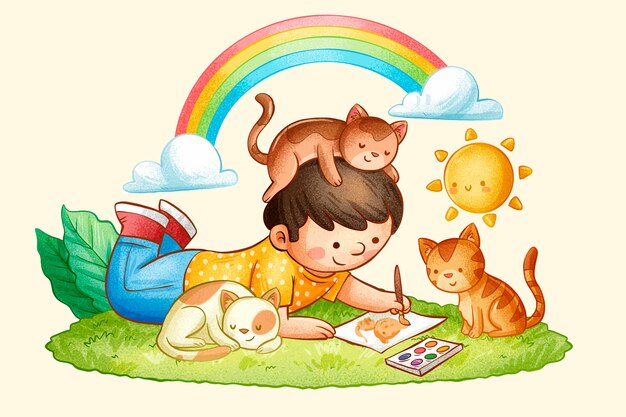 Hand drawn children with animals illustration