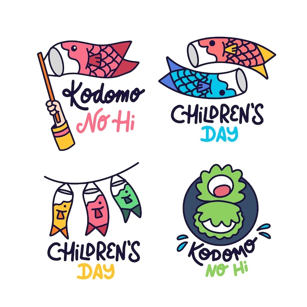 Hand drawn childrens day labels collection