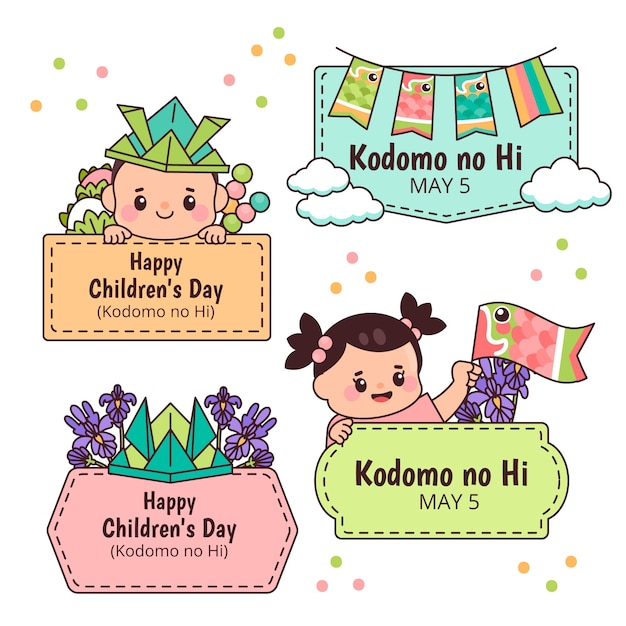 Hand drawn childrens day labels collection