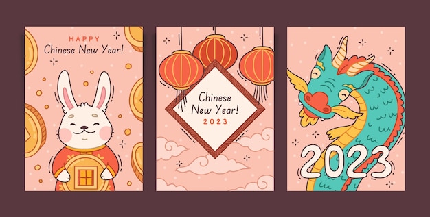 Hand drawn chinese new year celebration greeting cards collection