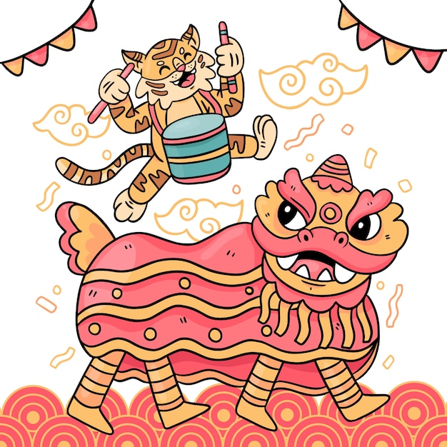 Hand drawn chinese new year lion dance illustration