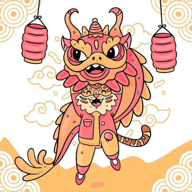 Hand drawn chinese new year lion dance illustration