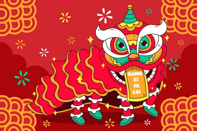 Free Vector hand drawn chinese new year lion dance illustration