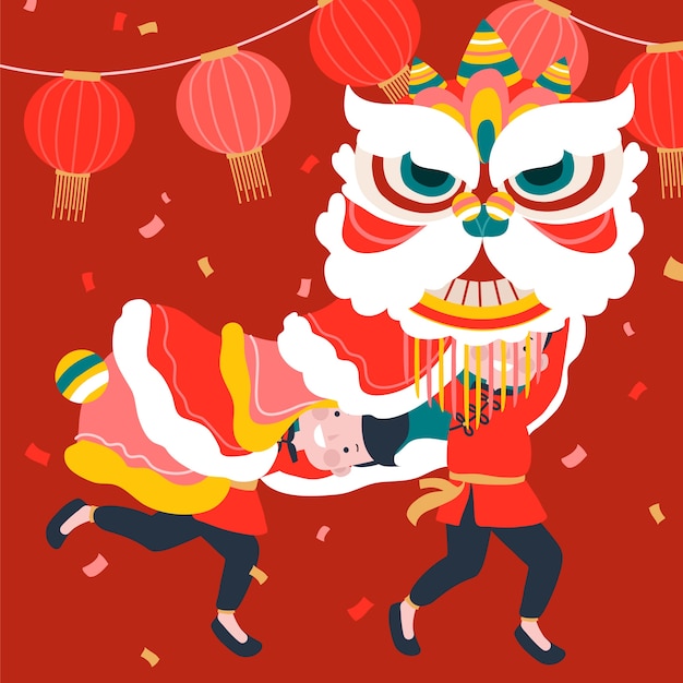 Hand drawn chinese new year lion dance illustration