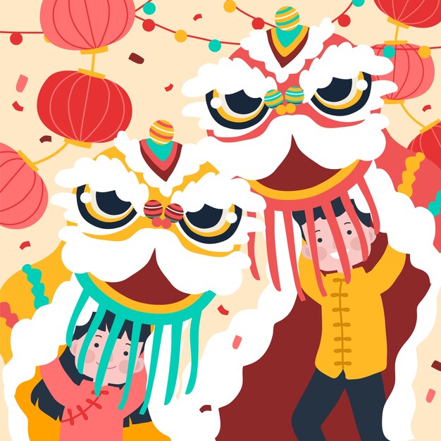 Hand drawn chinese new year lion dance illustration