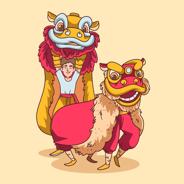 Hand drawn chinese new year lion dance illustration