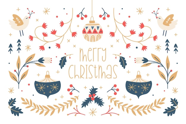 Hand drawn Christmas background with florals and ornaments