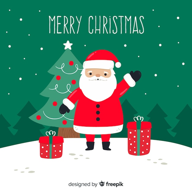 Hand drawn christmas background with santa claus and gifts