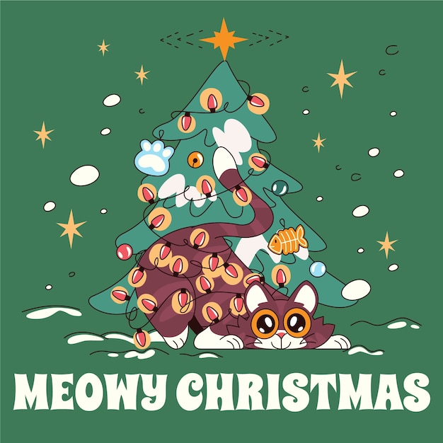 Hand drawn christmas cat cartoon illustration