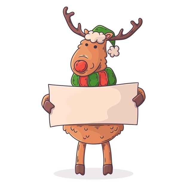 Hand drawn christmas character reindeer holding blank banner