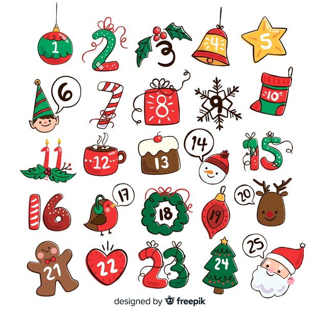 Hand drawn christmas elements advent calendar