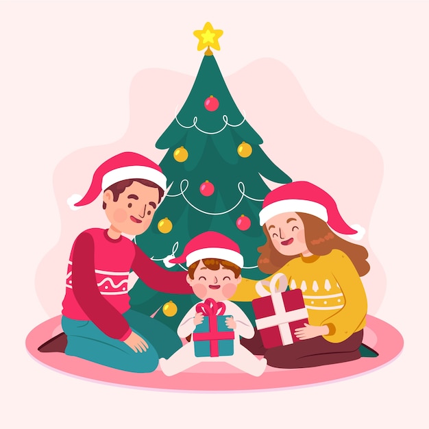 Hand drawn christmas family scene concept