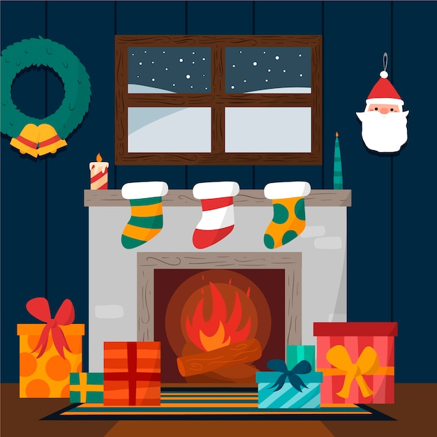 Free vector hand drawn christmas fireplace scene