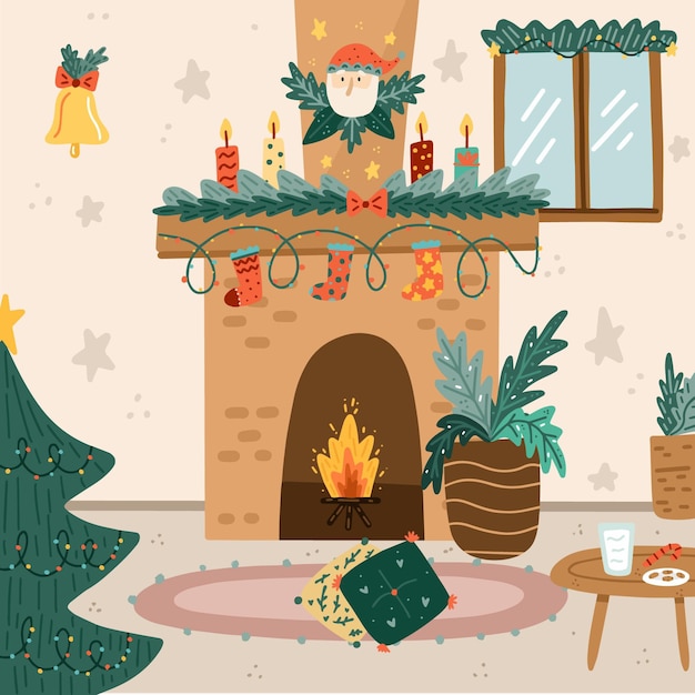 Hand drawn christmas fireplace scene