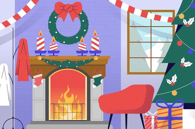 Hand drawn christmas fireplace scene