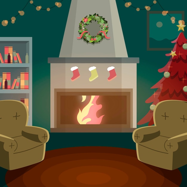 Hand drawn christmas fireplace scene