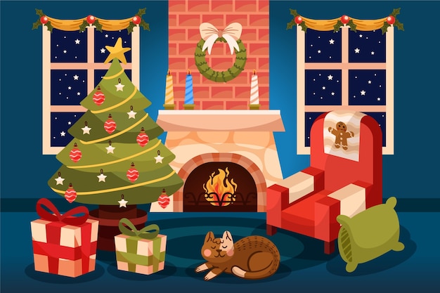 Hand drawn christmas fireplace scene