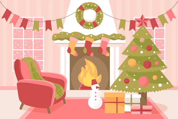 Hand drawn christmas fireplace scene