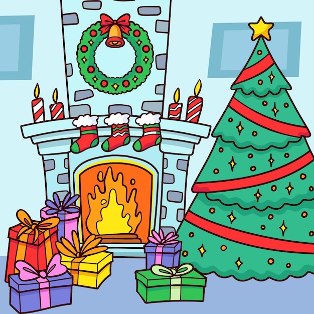 Hand drawn christmas fireplace scene