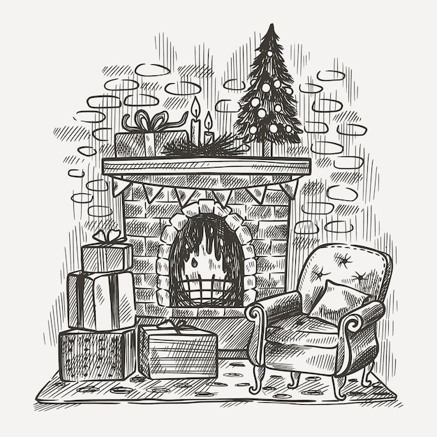 Hand drawn christmas fireplace scene