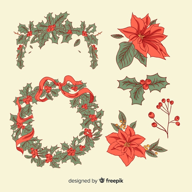 Hand drawn christmas flower and wreath collection