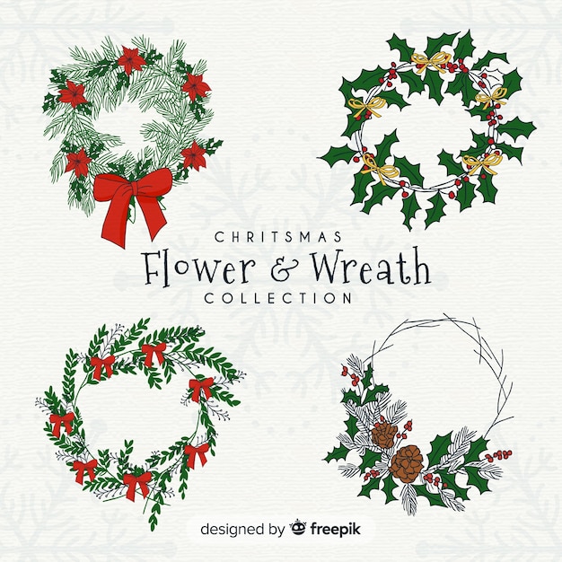 Free Vector hand drawn christmas flower and wreath collection