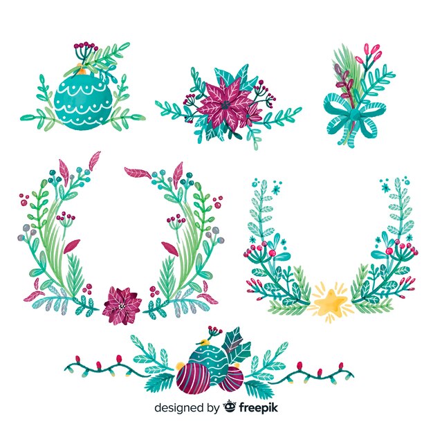 Hand drawn christmas flower and wreath collection