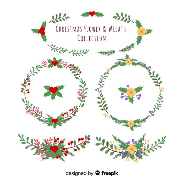 Free Vector hand drawn christmas flower and wreath collection