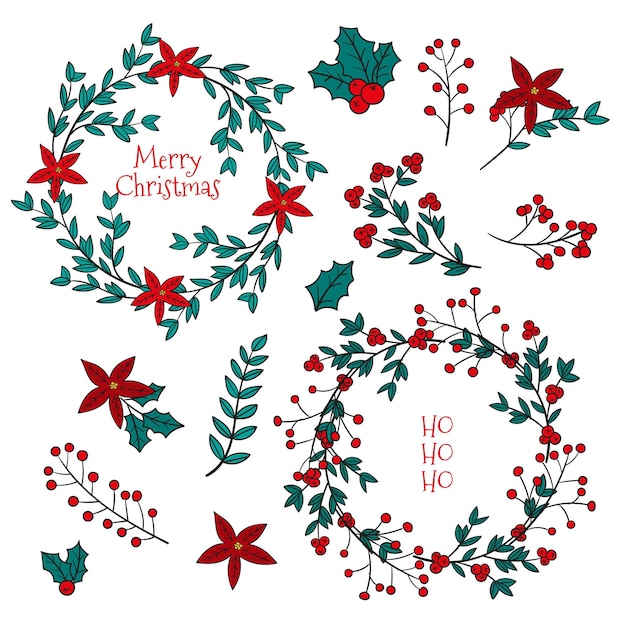 Free Vector hand drawn christmas flower and wreath collection