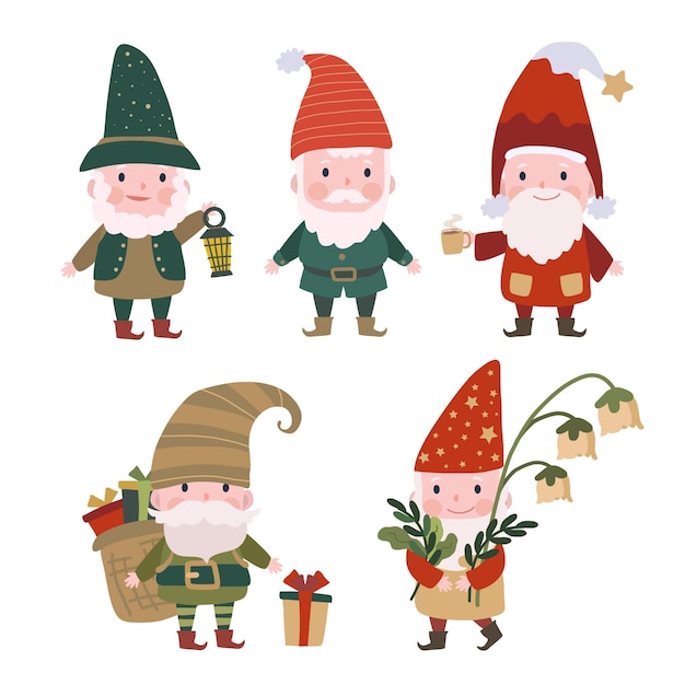 Free Vector hand drawn christmas gnomes collection