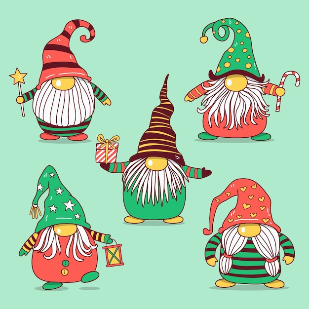 Free vector hand drawn christmas gnomes collection