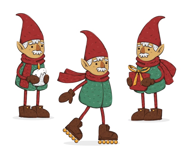 Free Vector hand drawn christmas gnomes collection