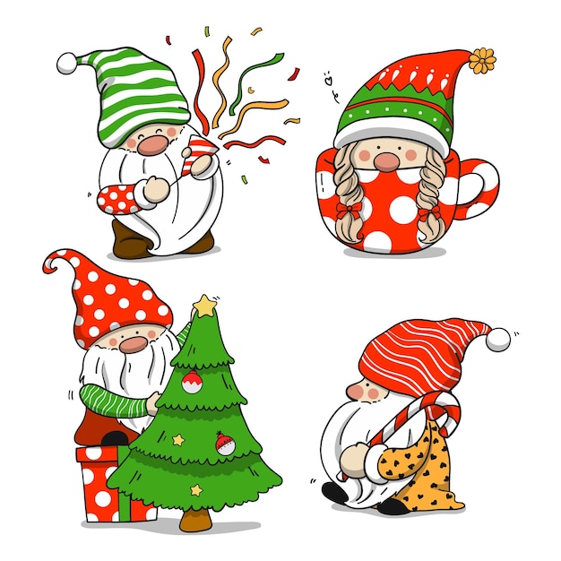 Free Vector hand drawn christmas gnomes collection