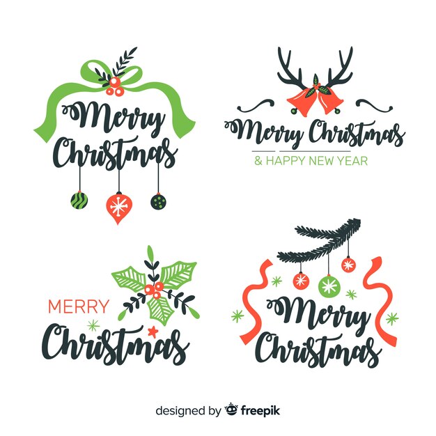 Hand drawn christmas labels with ribbons