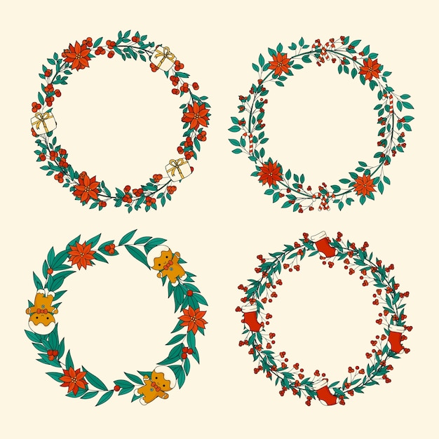 Free Vector hand drawn christmas round frame template with leaves