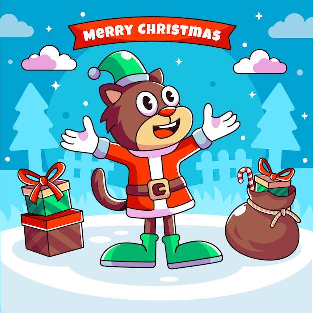 Free vector hand drawn christmas season illustration with cartoon cat