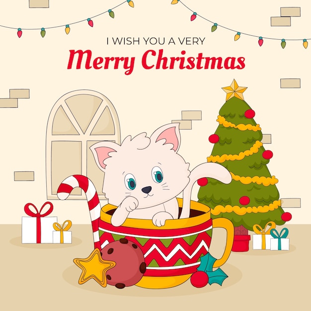 Free Vector hand drawn christmas season illustration with cartoon cat