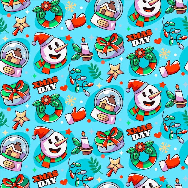 Free Vector hand drawn christmas season pattern design with snowman and snow globe