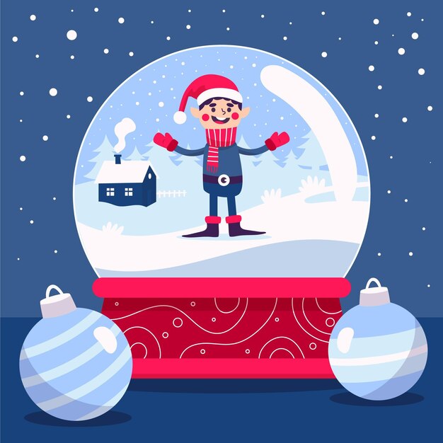 Hand-drawn christmas snowball globe with man