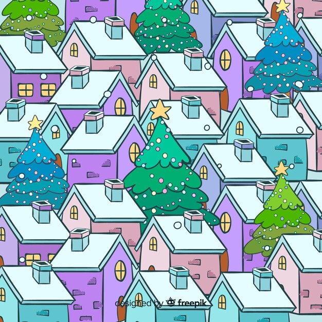 Hand drawn christmas town high view