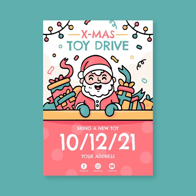 Hand drawn christmas toy drive vertical poster template