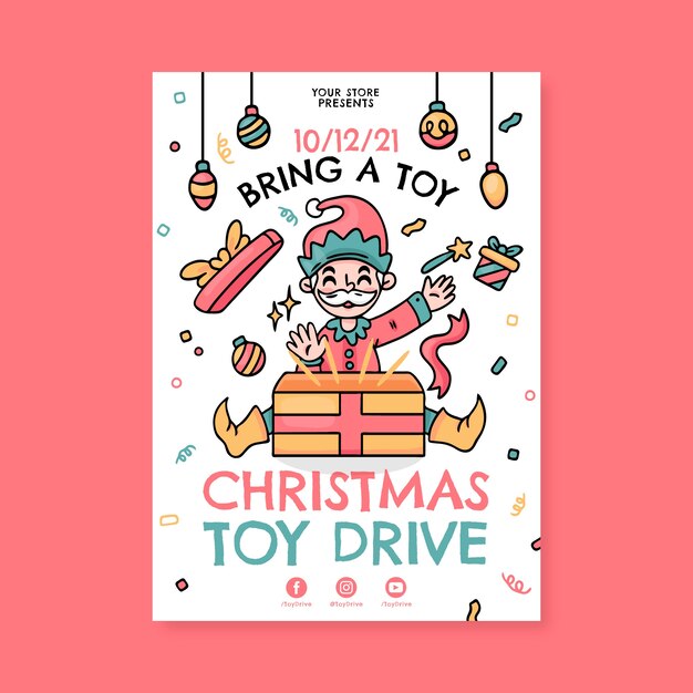 Hand drawn christmas toy drive vertical poster template