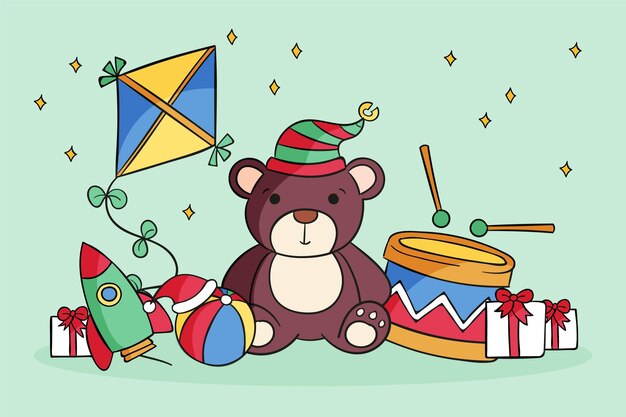 Hand drawn christmas toys background