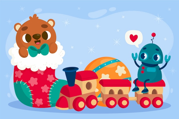 Hand drawn christmas toys background