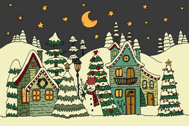 Free Vector hand drawn christmas village illustration