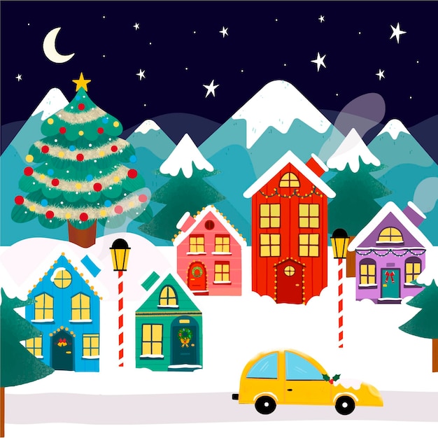 Hand drawn christmas village illustration