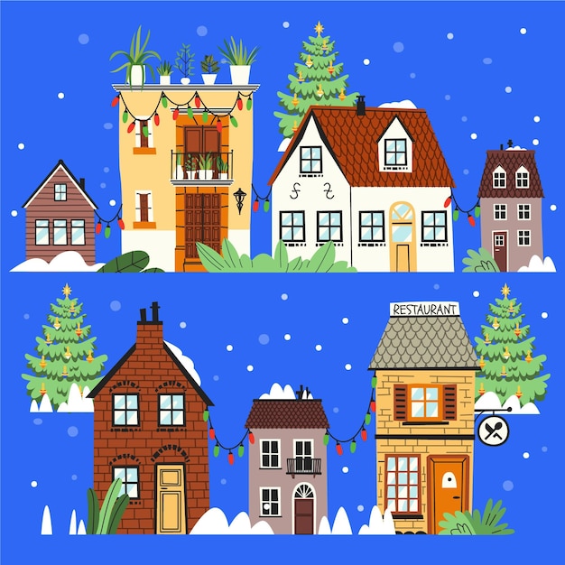 Hand drawn christmas village illustration